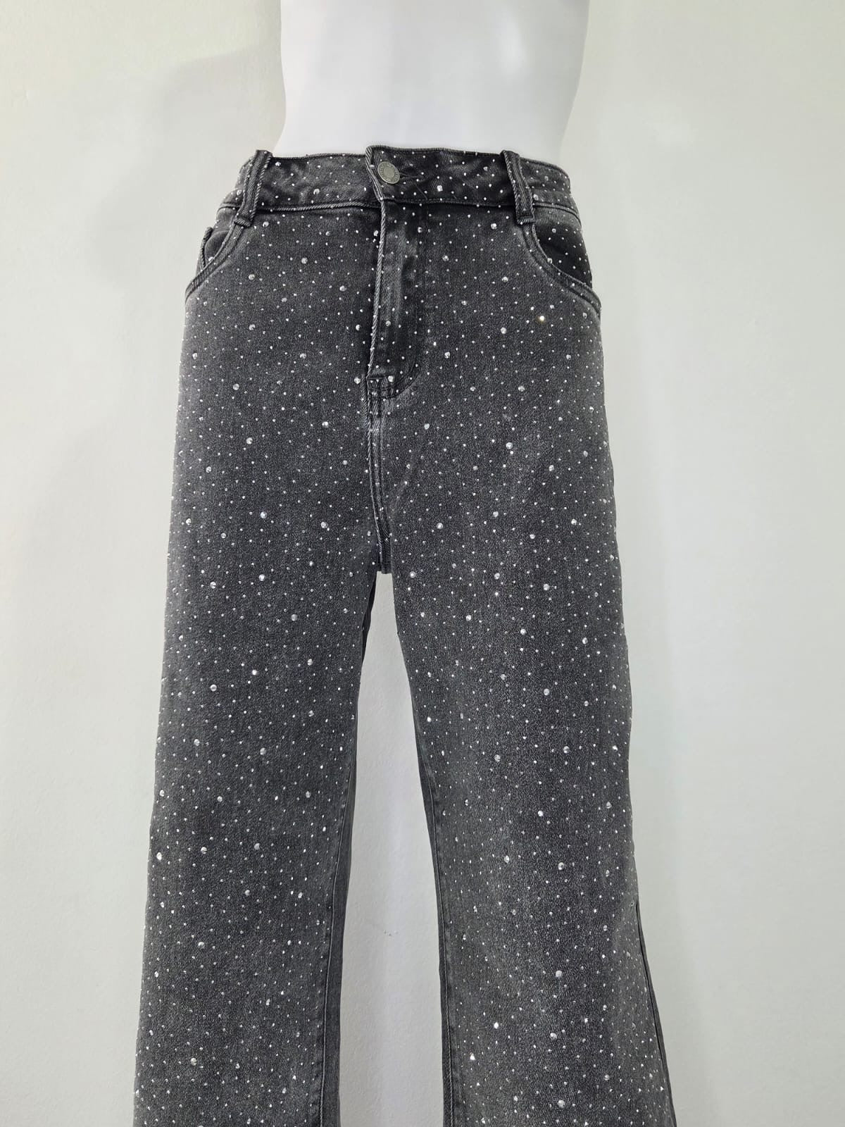 JEANS GRIGIO SCURO  CON BRILLANTINI - TAGLIO LARGO